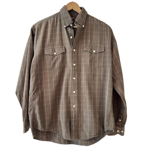 Stetson Brown White Windowpane Western Shirt Button Front Two Pocket Medium - Picture 1 of 7